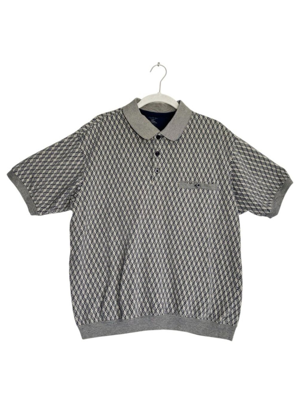 Vintage David Taylor Men's Geometric Knit Polo Shirt in Tan/Blue - Sz L